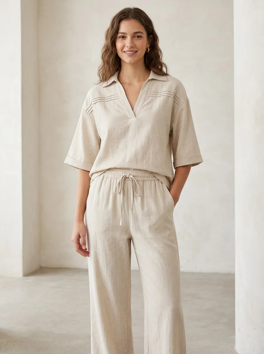 Short-Sleeve Pleated Women's V-Neck Shirt