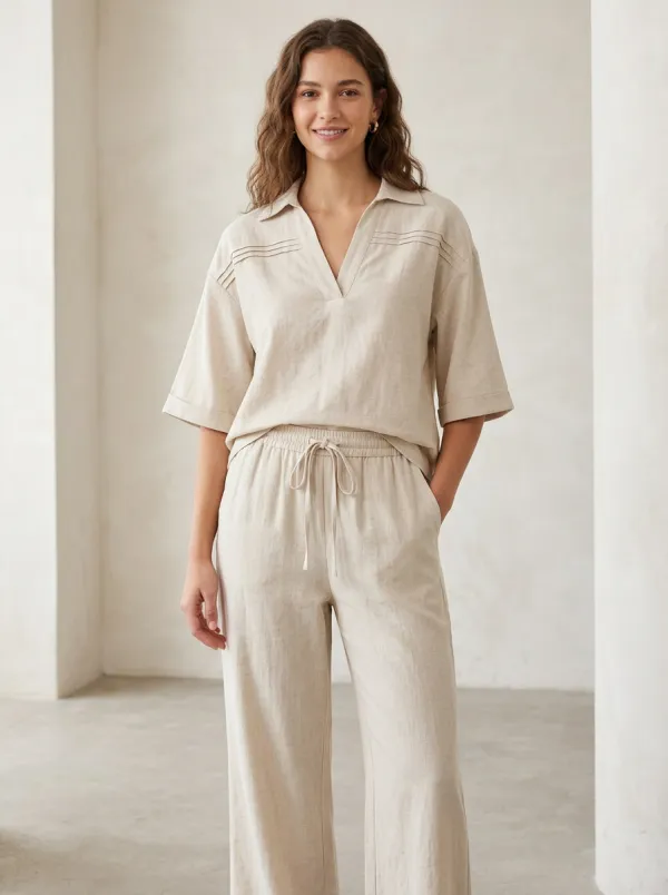 Short-Sleeve Pleated Women's V-Neck Shirt