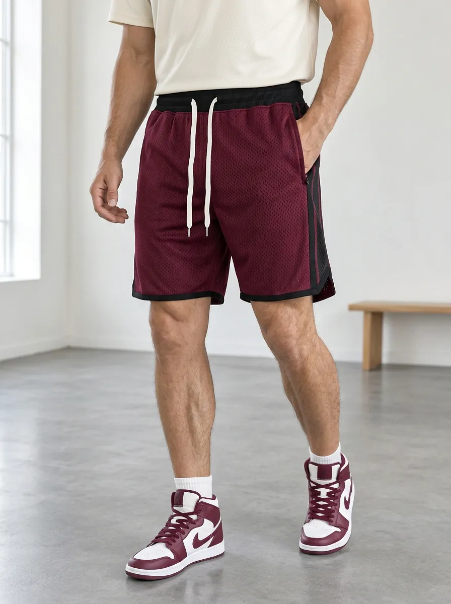 Men's Burgundy Mesh Athletic Drawstring Gym Shorts