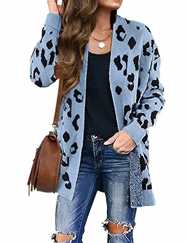 Women's Long Sleeves Open Front Leopard Print Knitted Sweater Cardigan Coat Outwear