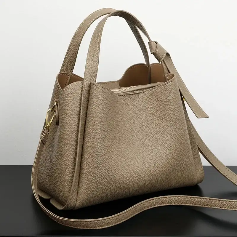 Minimalist Taupe Pebbled Leather Tote Bag