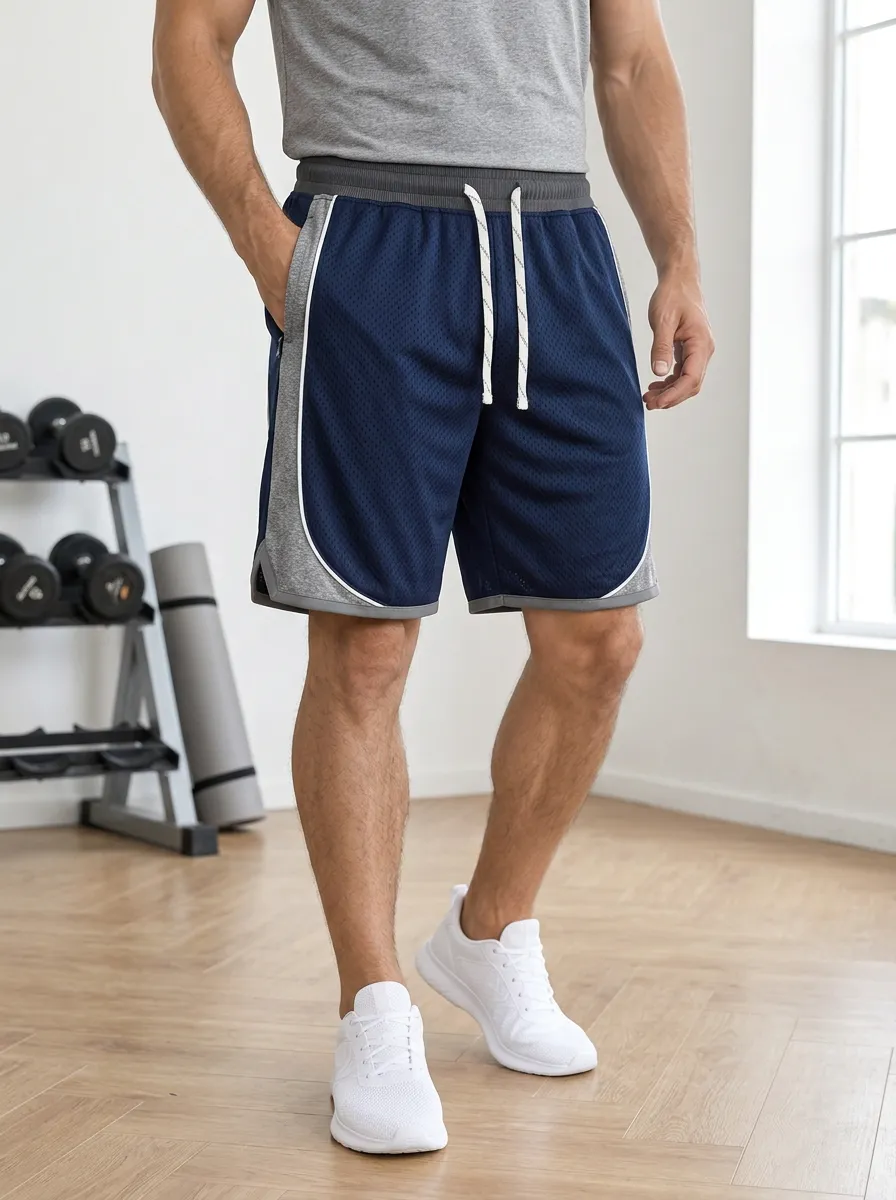Men's Gym Fitness Mesh Contrast Panel Drawstring Shorts