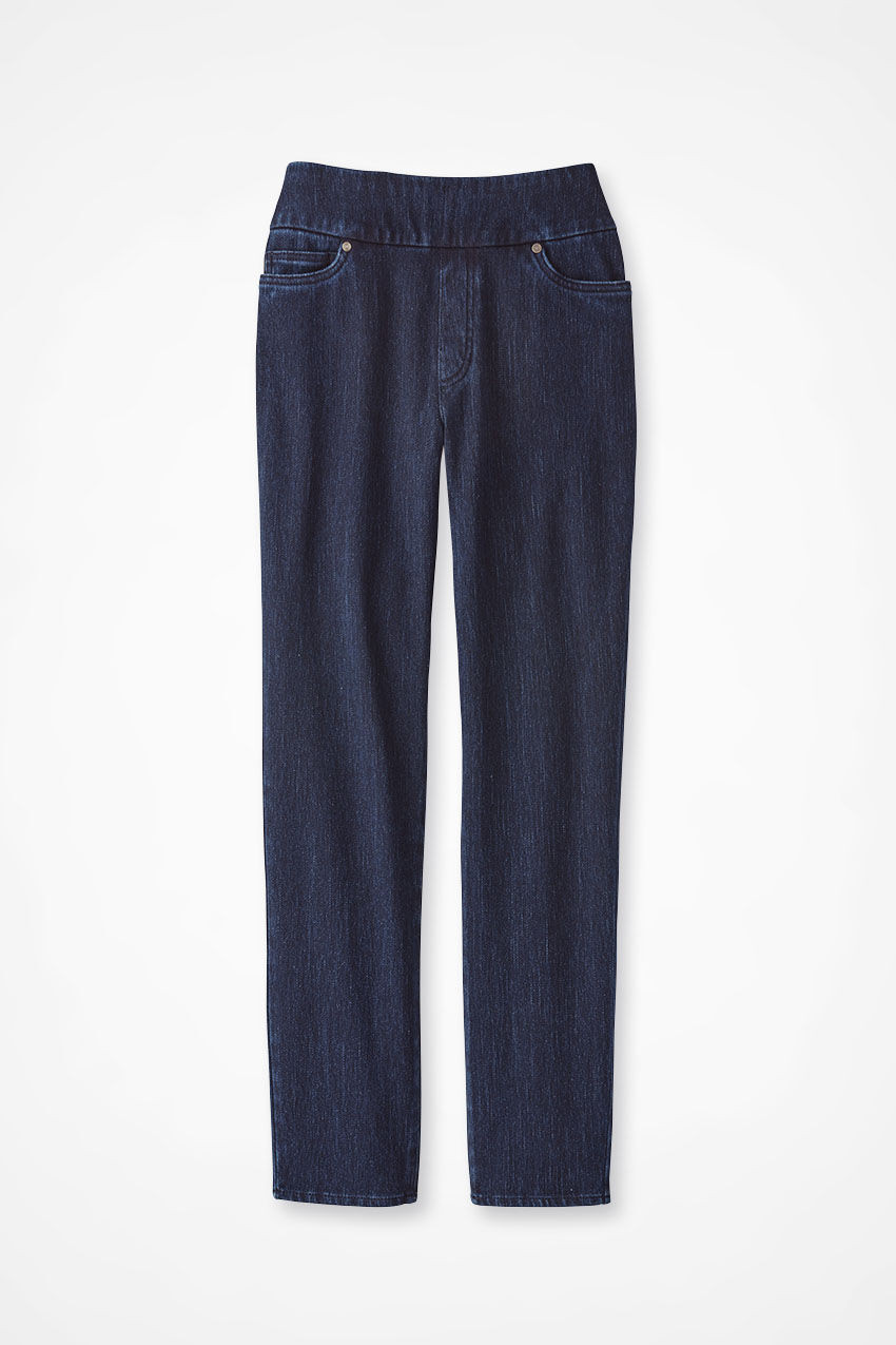 Knit Denim Mid Rise Slim-Leg Ankle Jeans