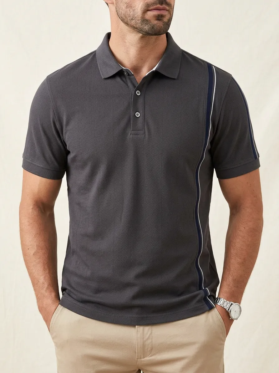 Men's Casual Vertical Stripe Side Panel Printed Polo Shirt