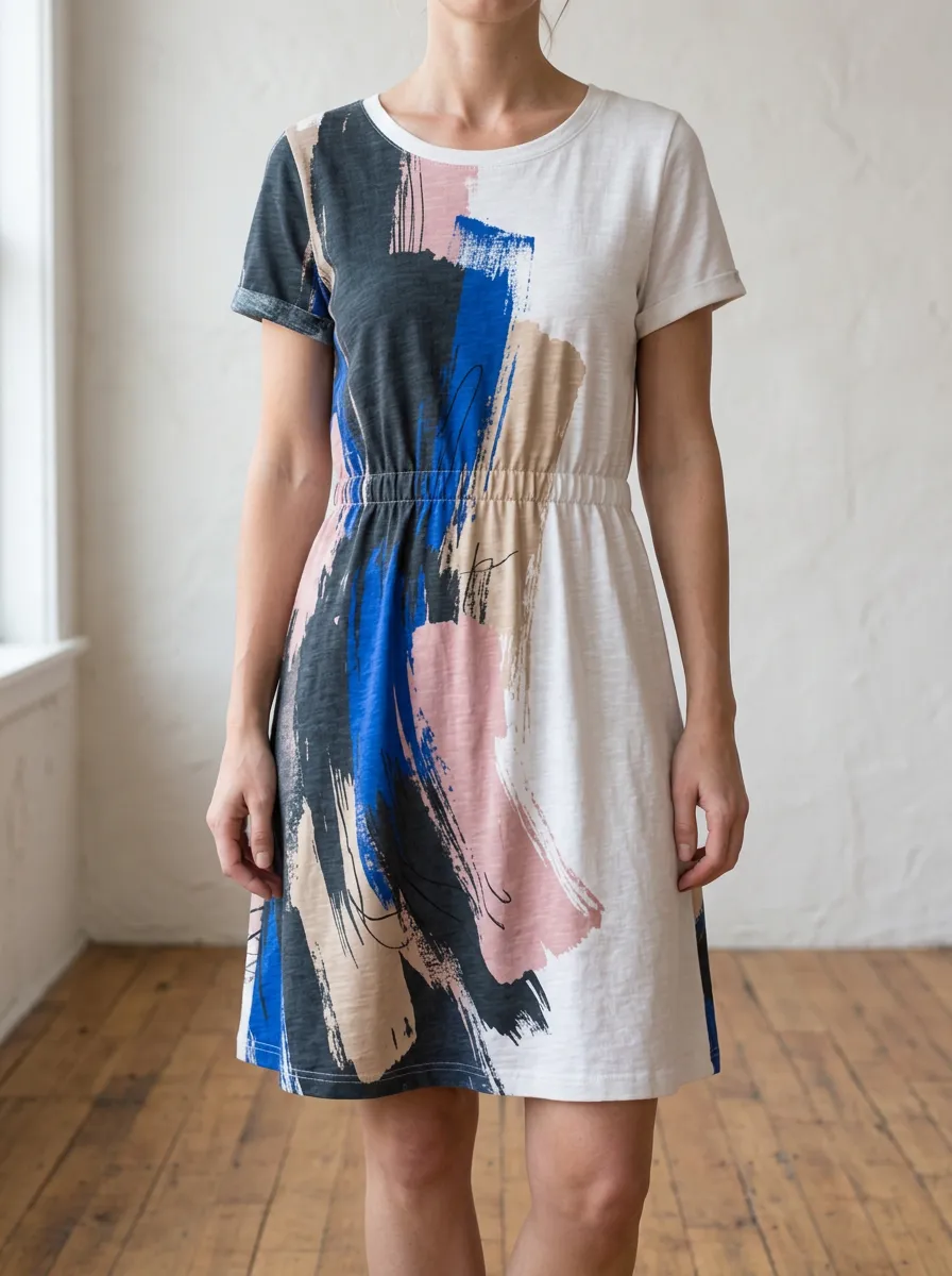 Women's Abstract Print Elastic-Waist T-Shirt Dress