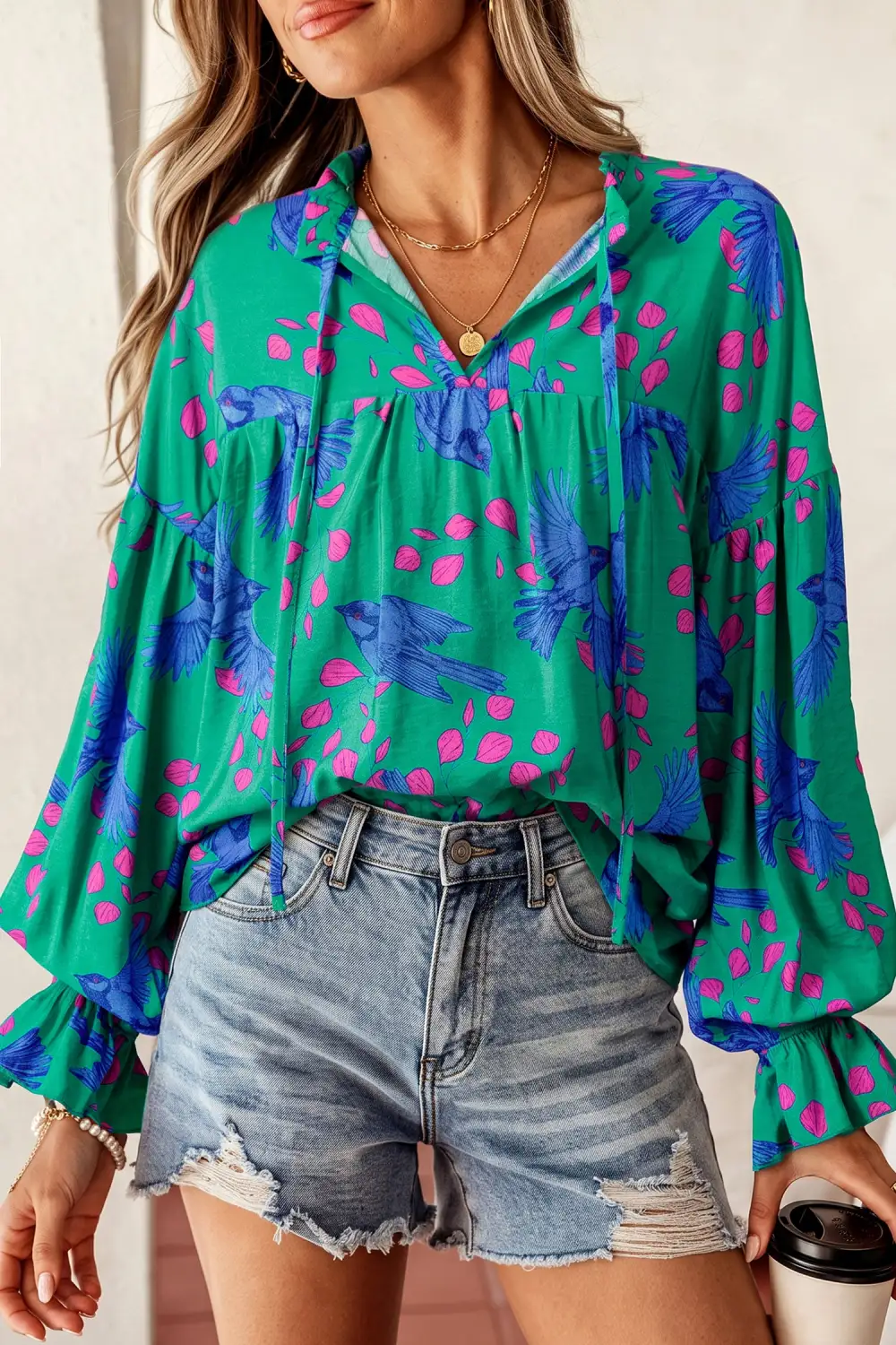 Women's Abstract Print V Neck Puff Sleeve Top
