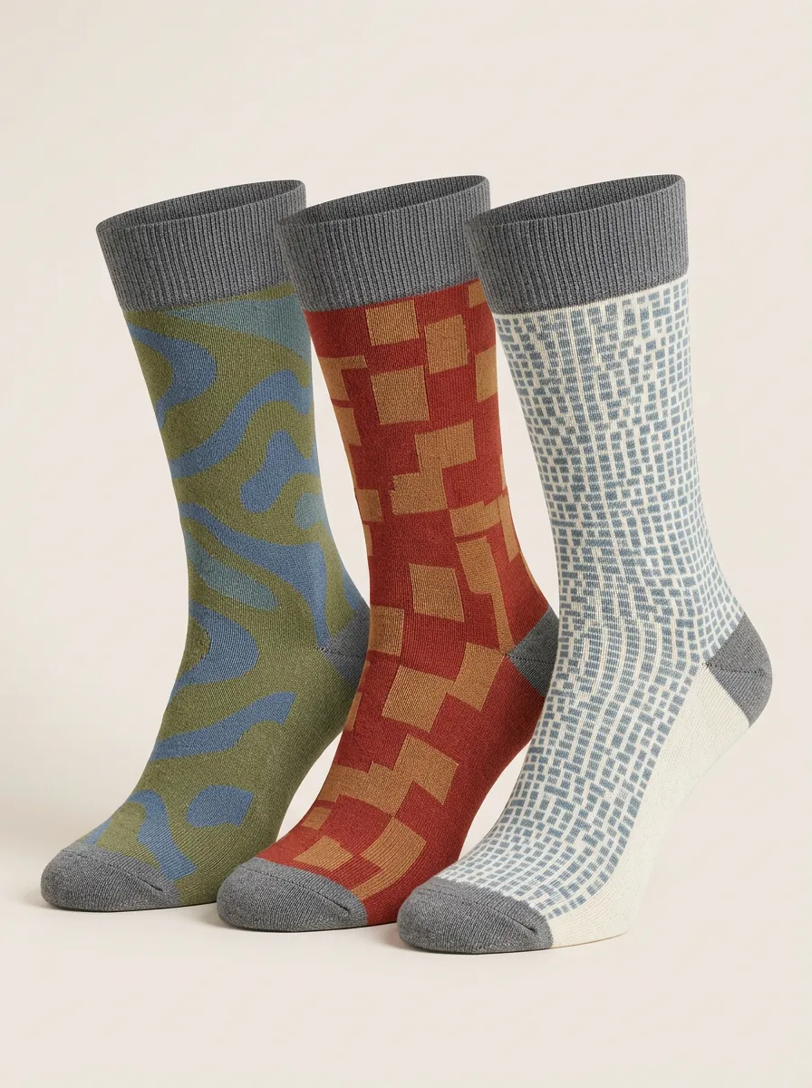 Men's Abstract Motifs Geometric Shapes Three-Pair Crew Socks