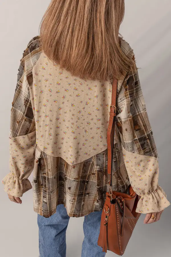 Women's Boho Floral Plaid Patchwork Distressed Detail Ruffled Sleeve Waffle Knit Shacket