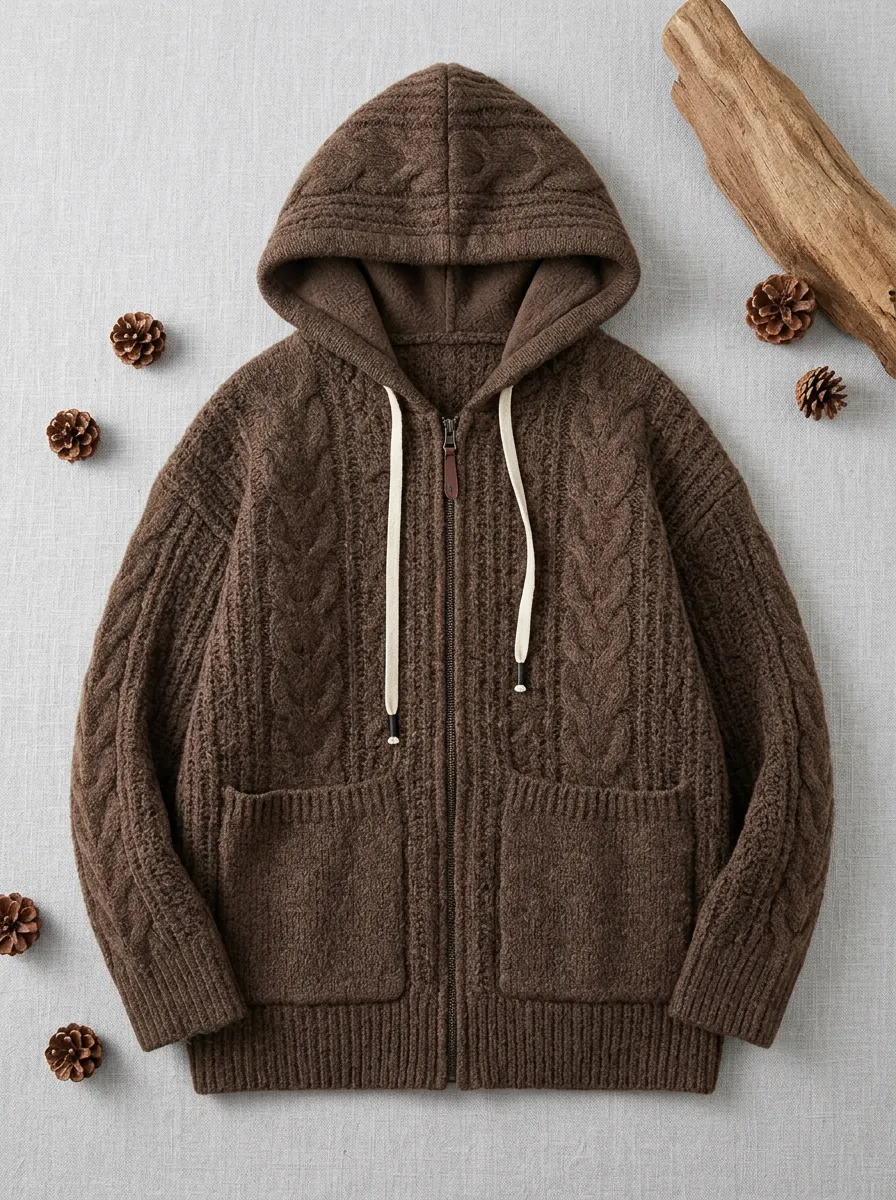 Comfort Cable-Knit Zip-Up Hooded Cardigan