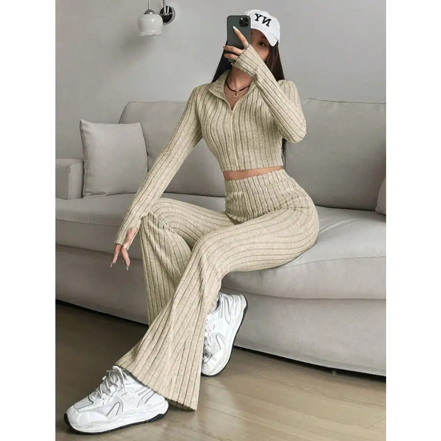 Relaxed Zip Up Long Sleeve Top and Pants Set