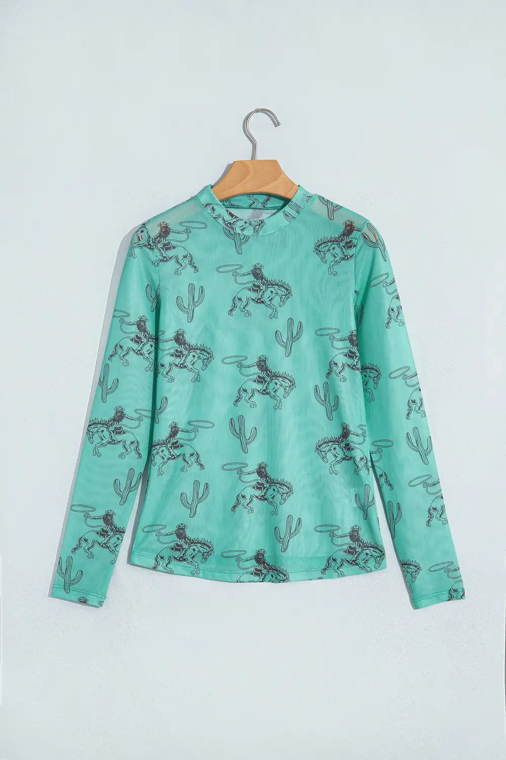 Western Print Mesh Fitted Long Sleeve Top