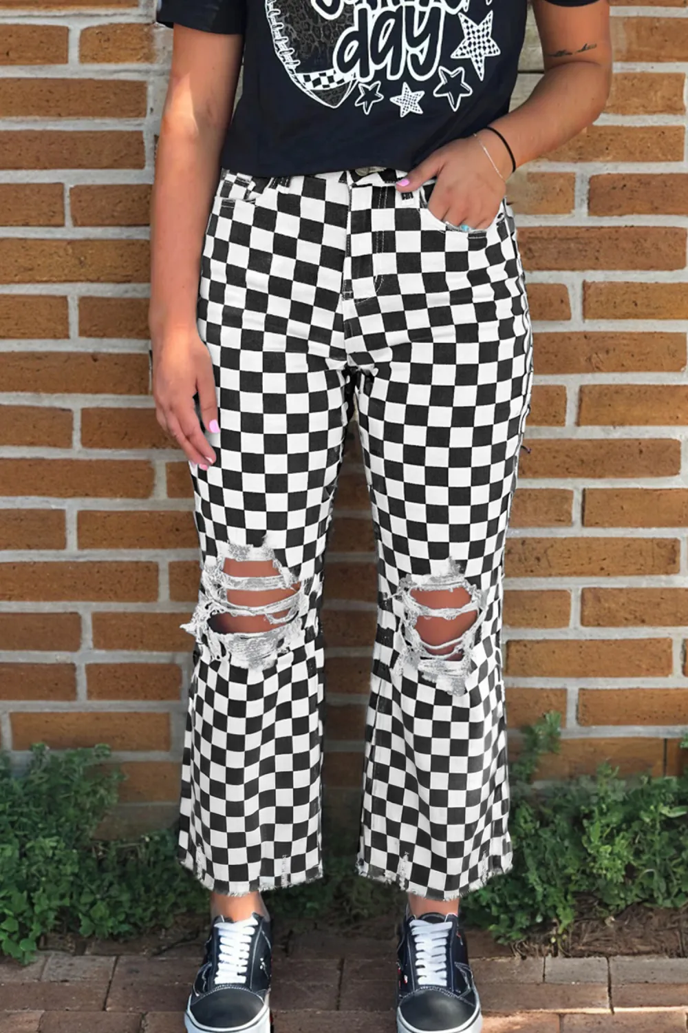 Black Checkerboard Cropped Jeans