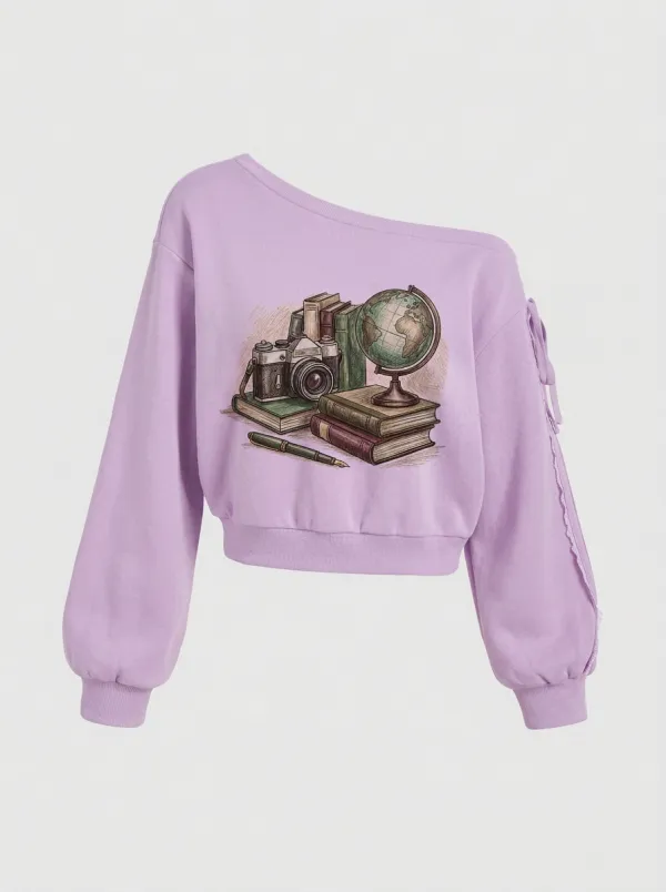 Women's Travel Scholar Globe Camera Books Graphic Sweatshirt