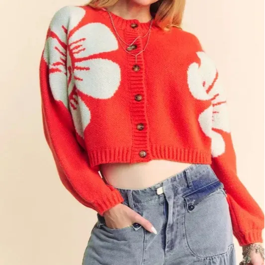 Long Sleeve Ribbed Floral Detail Knit Cardigan