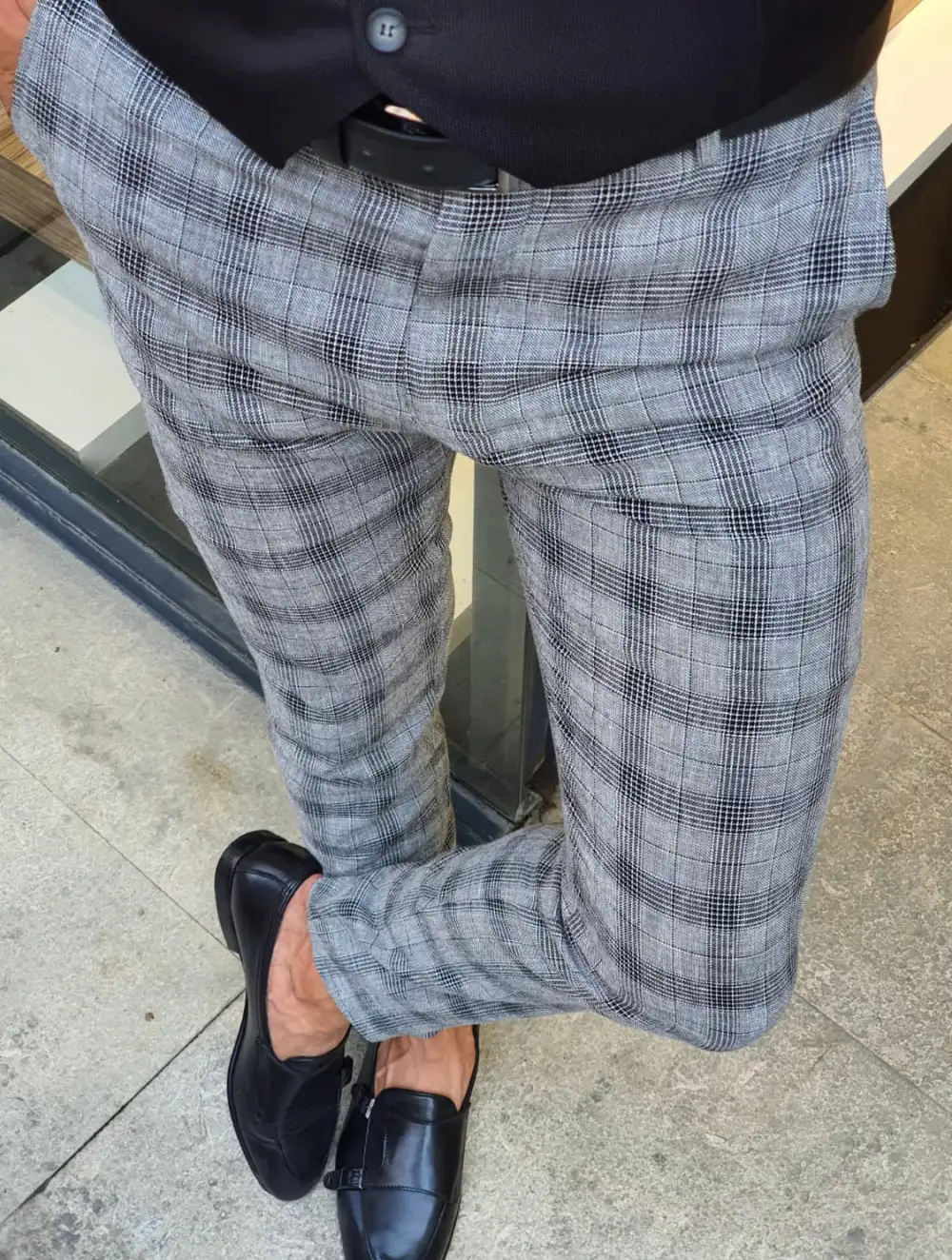 Slim Fit Plaid Linen Tailored Trousers