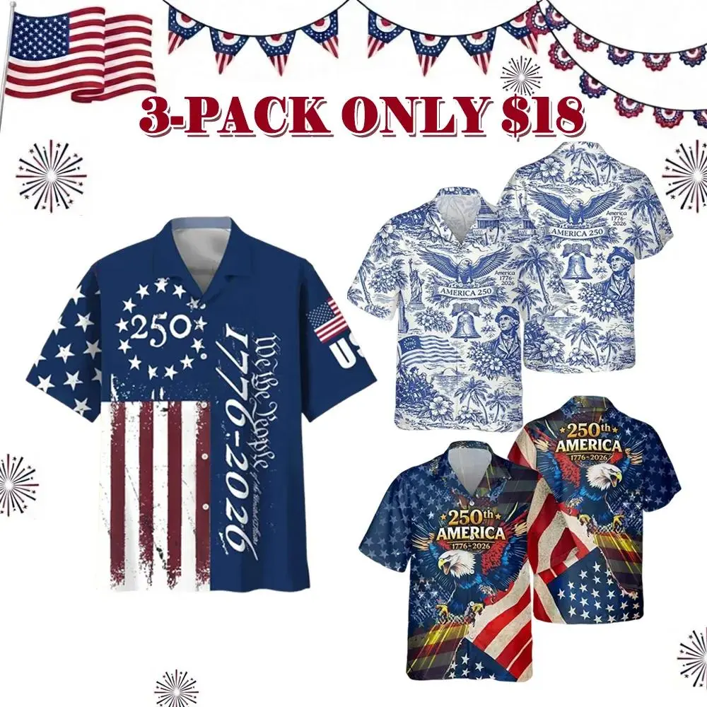 Men's Retro Hawaii Shirt Mixed Bundle 250 Years of Freedom 250th Anniversary Patriotic Shirt