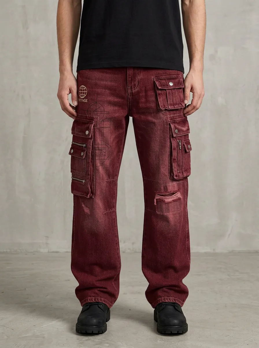 Men's Techwear Blueprint Graphic Distressed Cargo Pants