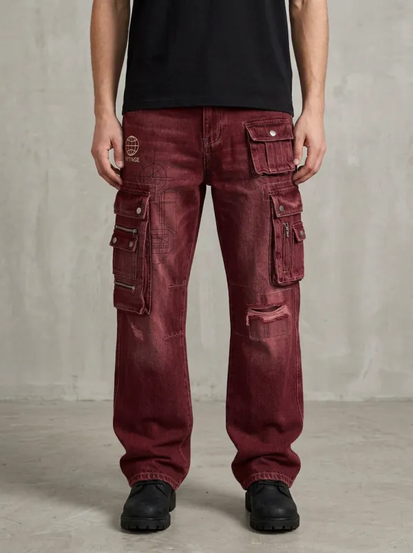 Men's Techwear Blueprint Graphic Distressed Cargo Pants