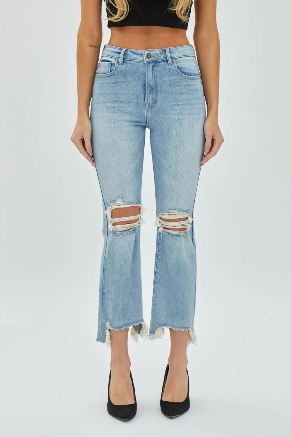 Sequin Flared Cropped Distressed Jeans