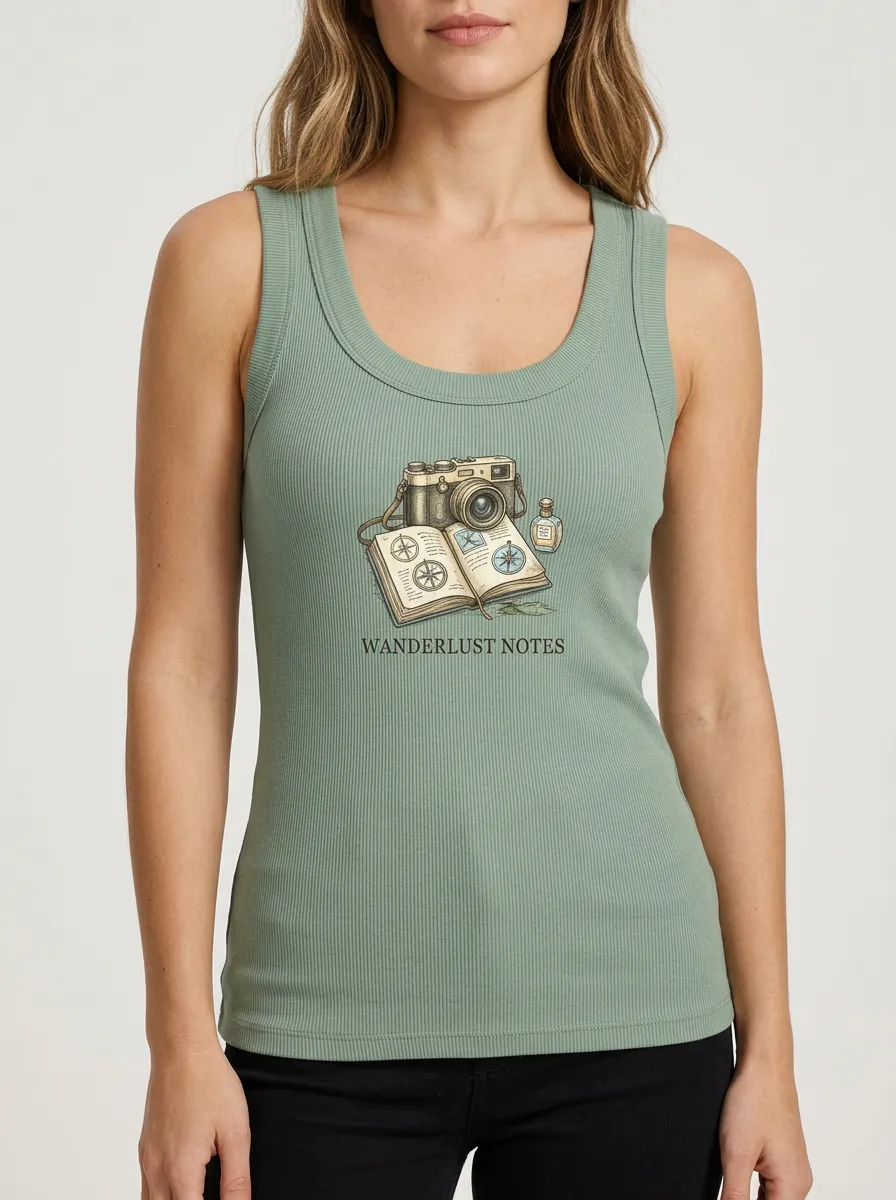 Women's Travel Camera Compass Graphic Ribbed Tank Top