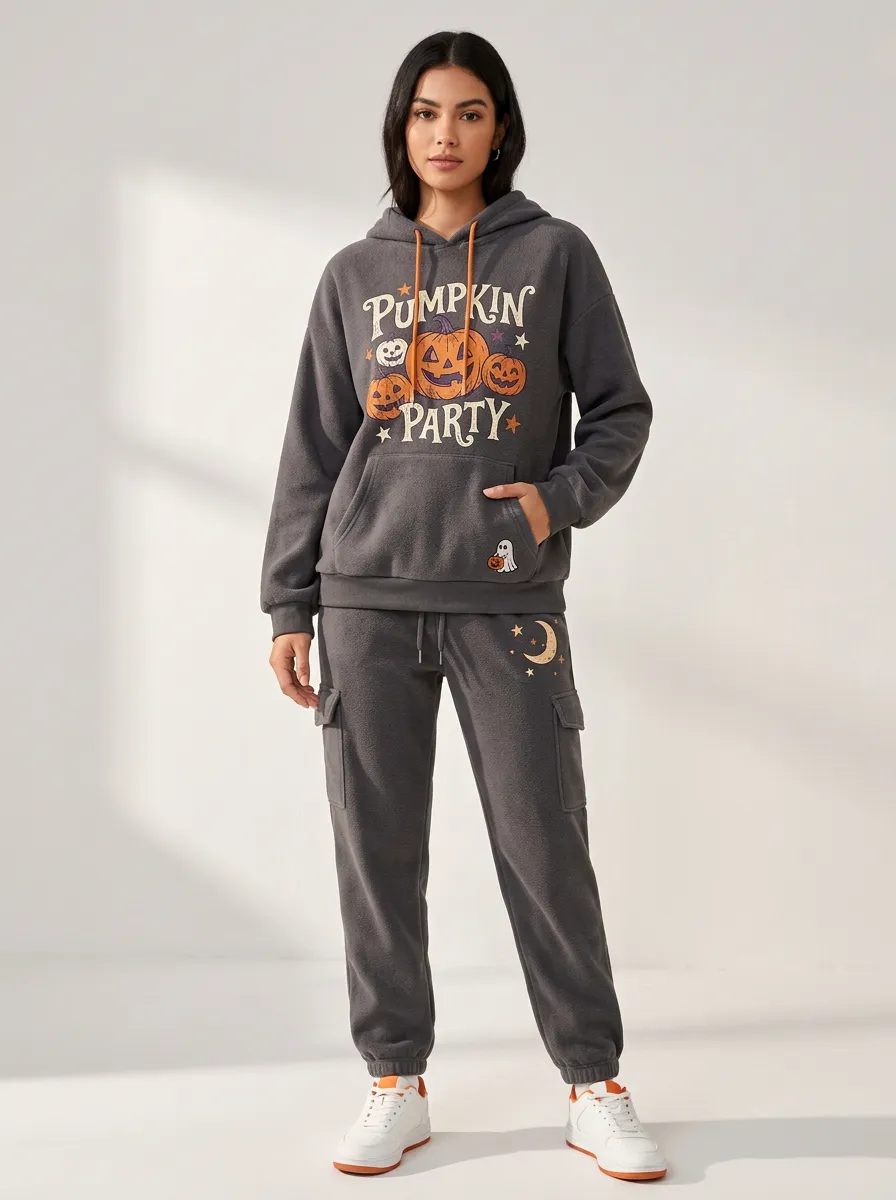 Women's Halloween Pumpkin Party Ghost Moon Printed Fleece Tracksuit