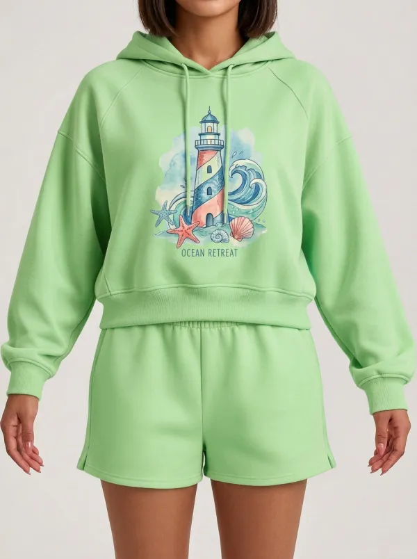 Women's Ocean Lover Lighthouse Watercolor Printed Hoodie