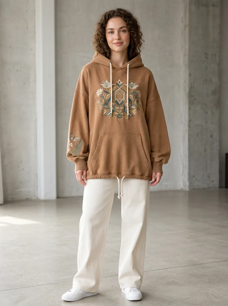Women's Botanical Floral Butterfly Embroidered Graphic Hooded Sweatshirt