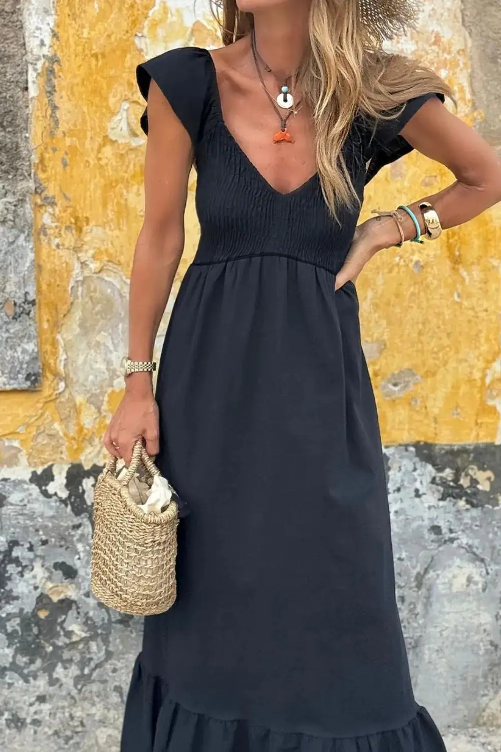 Relaxed Ruffle Trim Smocked Dress