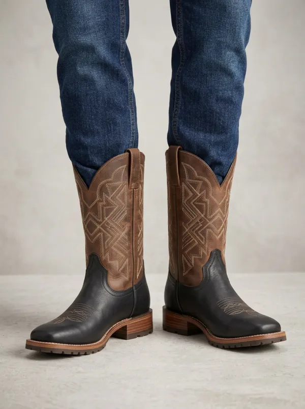 Men's Western Geometric Embroidered Two-Tone Cowboy Boots
