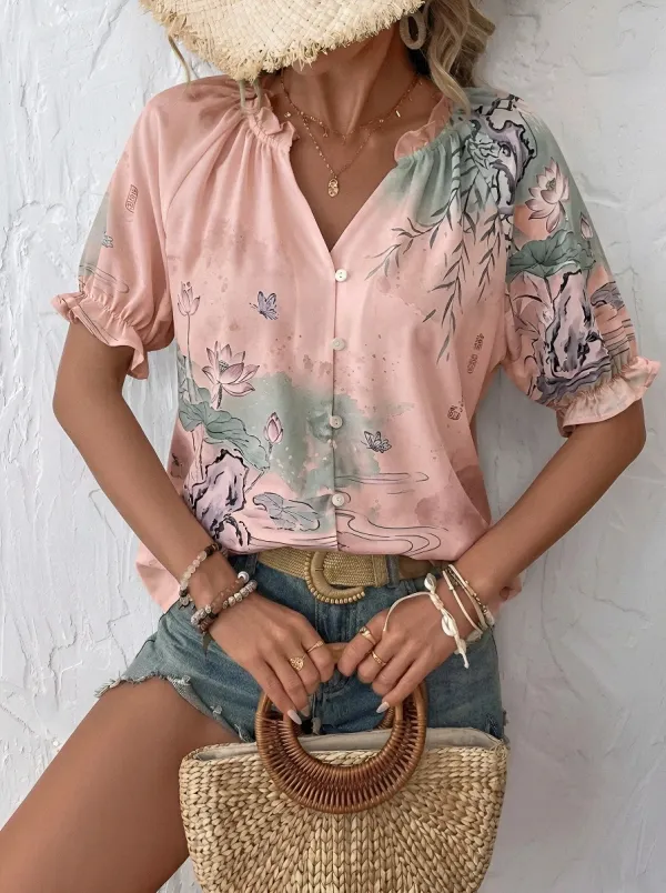 Women's Oriental Lotus Butterfly Printed V-Neck Blouse