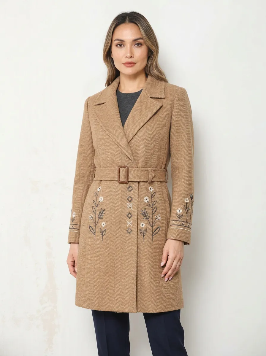 Women's Floral Embroidered Herringbone Belted Coat