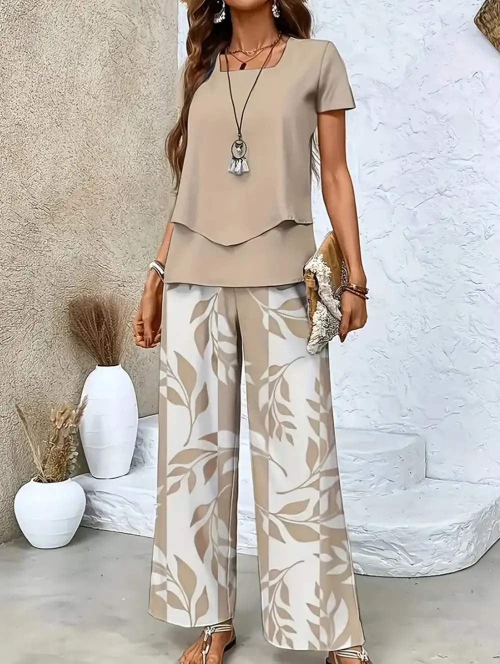 Print Top Wide-Leg Pants Set
