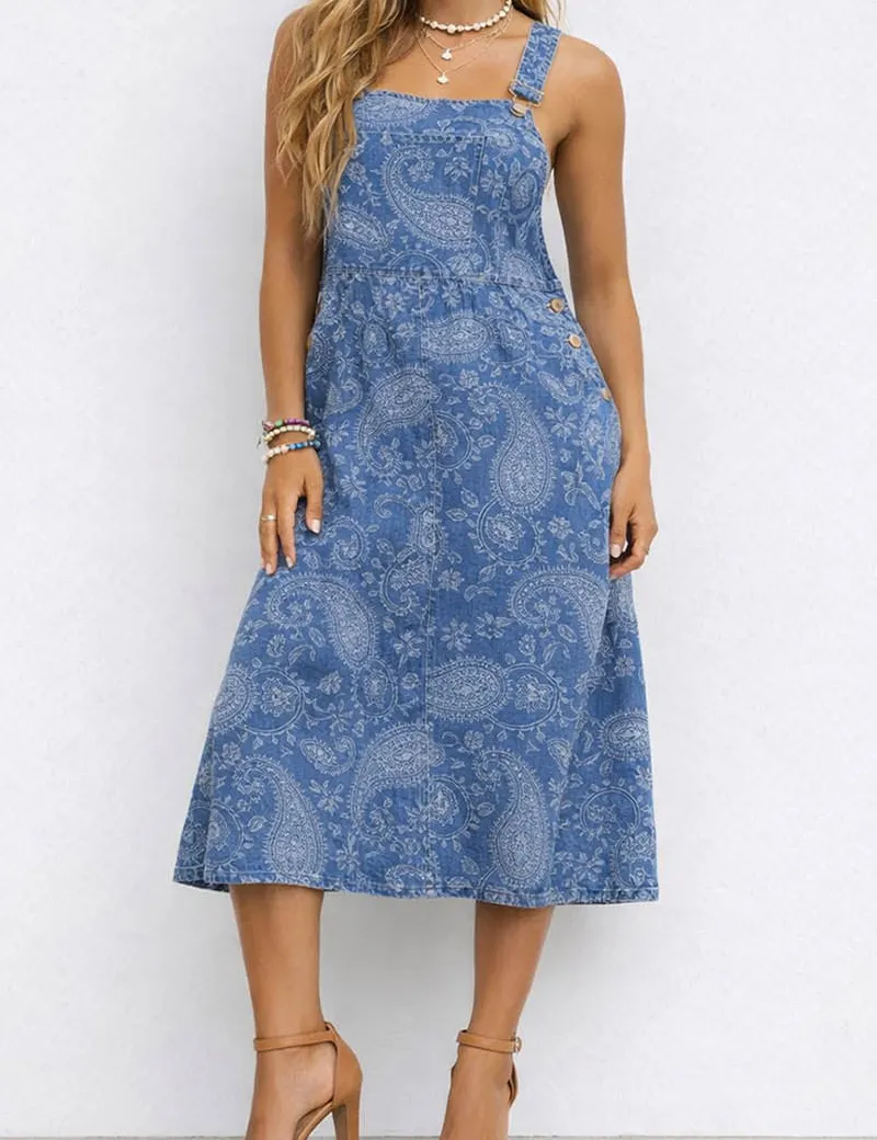 Boho Paisley Pattern Two Strap Shoulder Denim Midi Dress
