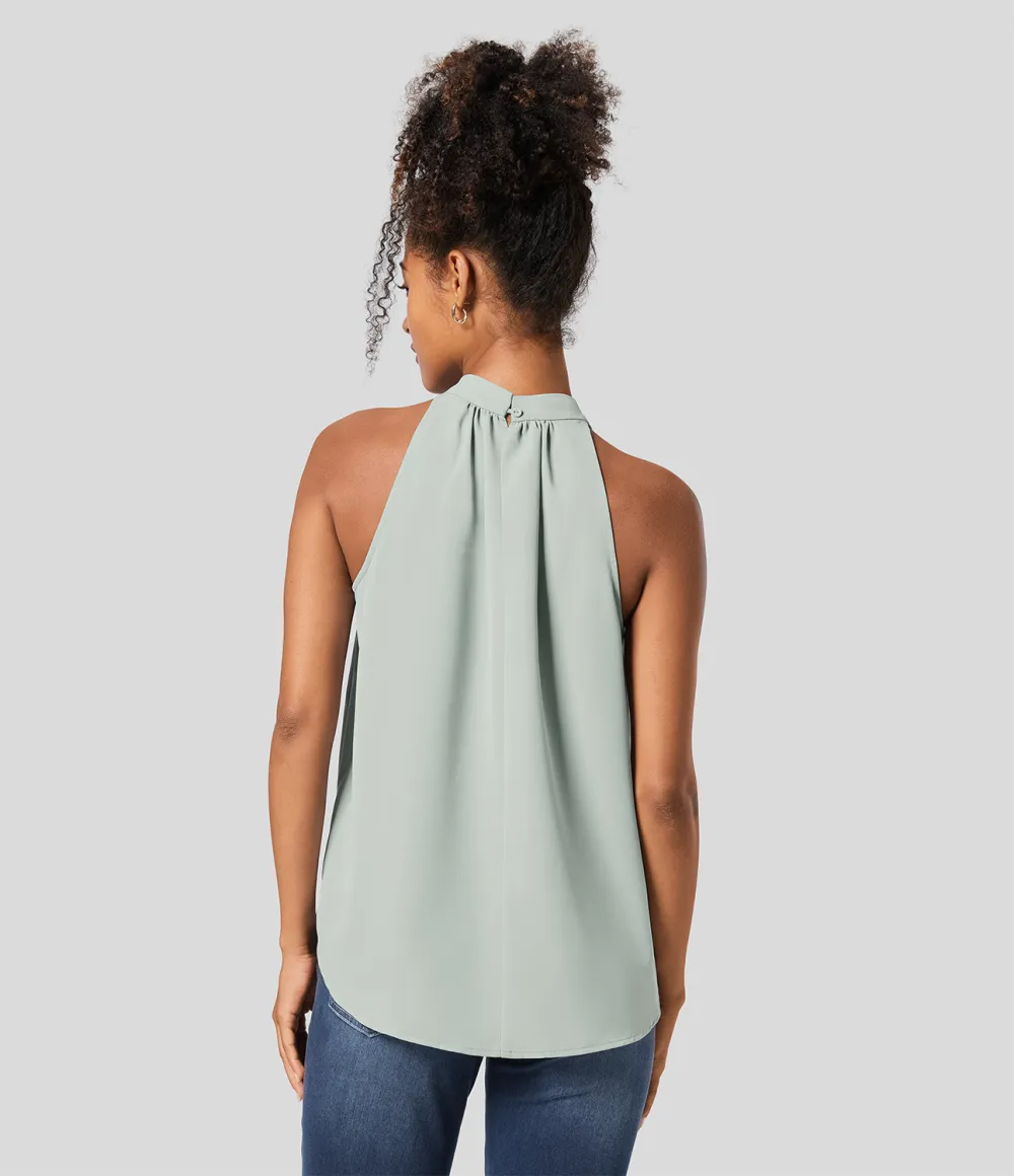 Keyhole Back Halter Plicated Sleeveless Curved Hem Work Blouse