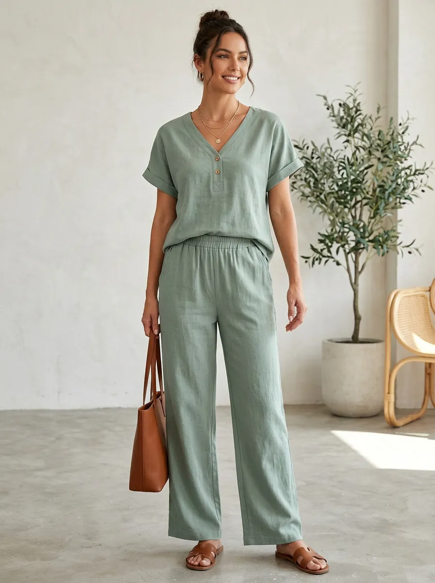 Short-Sleeve Button-Front Women's V-Neck Shirt