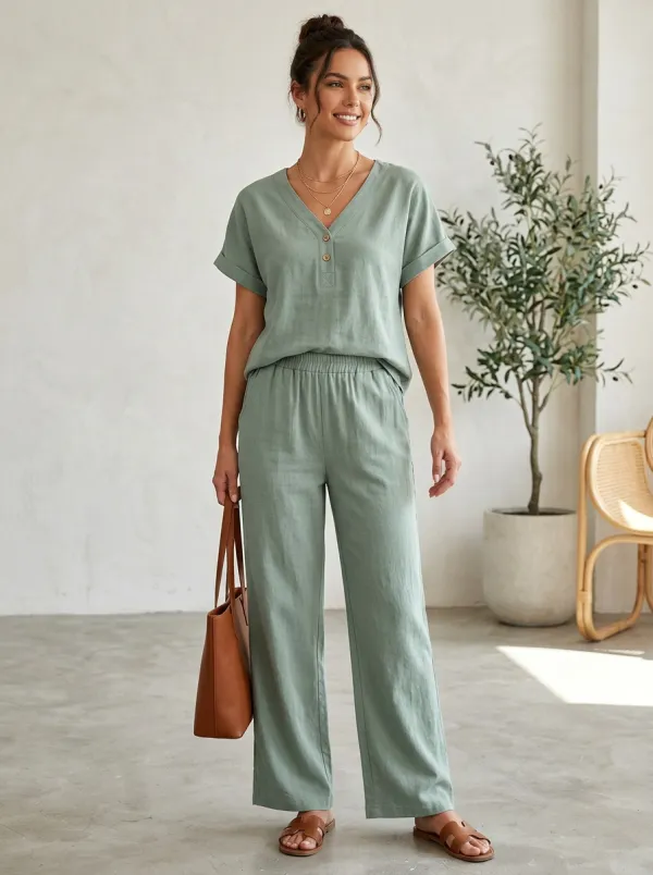 Short-Sleeve Button-Front Women's V-Neck Shirt