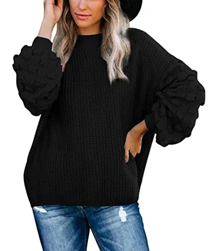 Women's Cute Oversized Crewneck Loose Puff Sleeves Chunky Knit Pullover Sweater