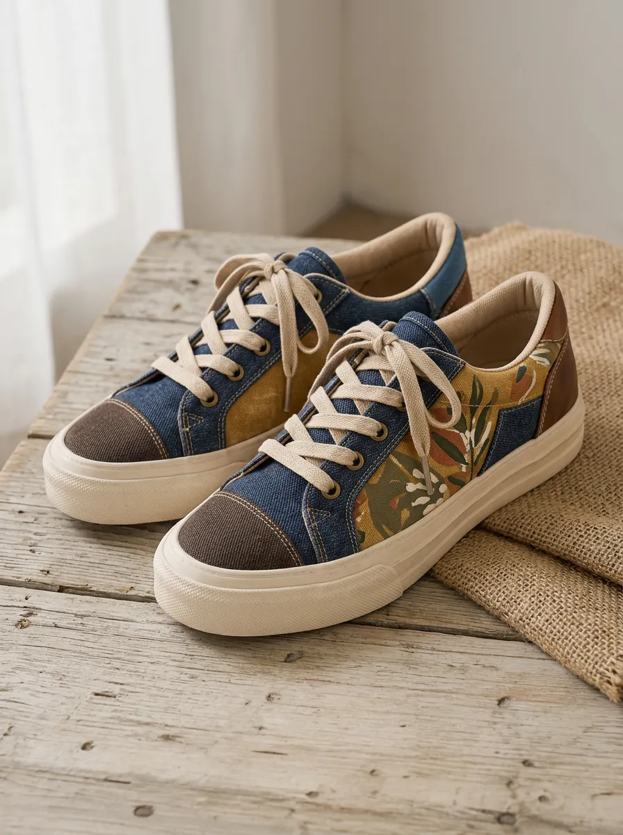 Women's Vintage Floral Denim Patchwork Printed Canvas Sneakers