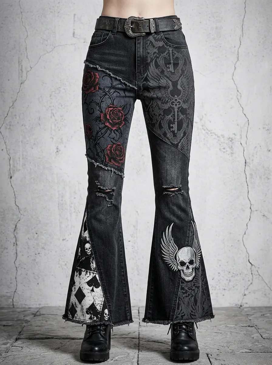 Dark Skull Rose Playing Card Night Look Women's Gothic Flare Jeans