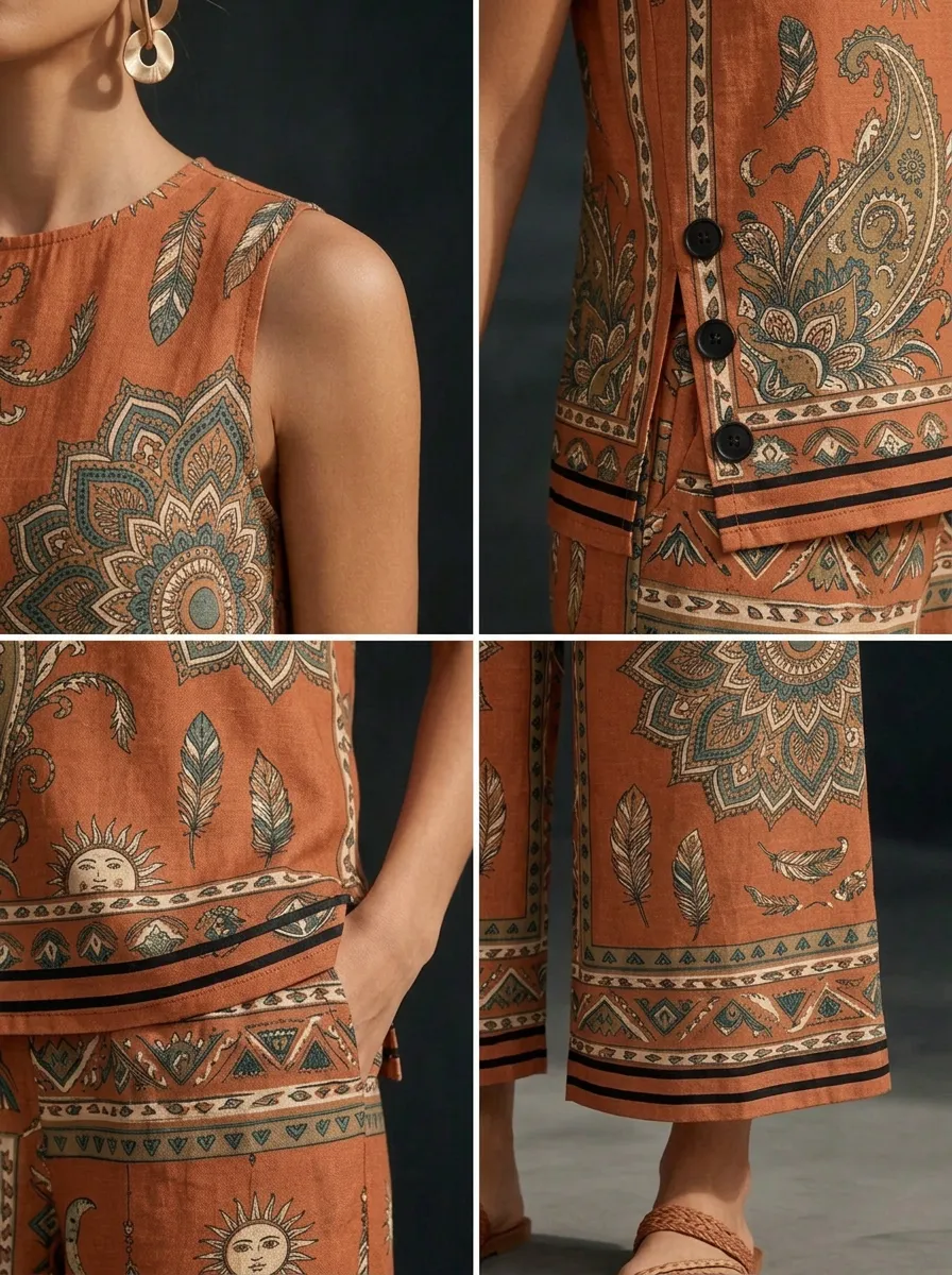 Women's Boho Style Paisley Mandala Printed Sleeveless Set