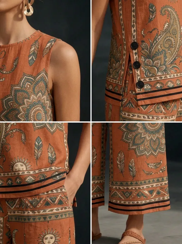 Women's Boho Style Paisley Mandala Printed Sleeveless Set