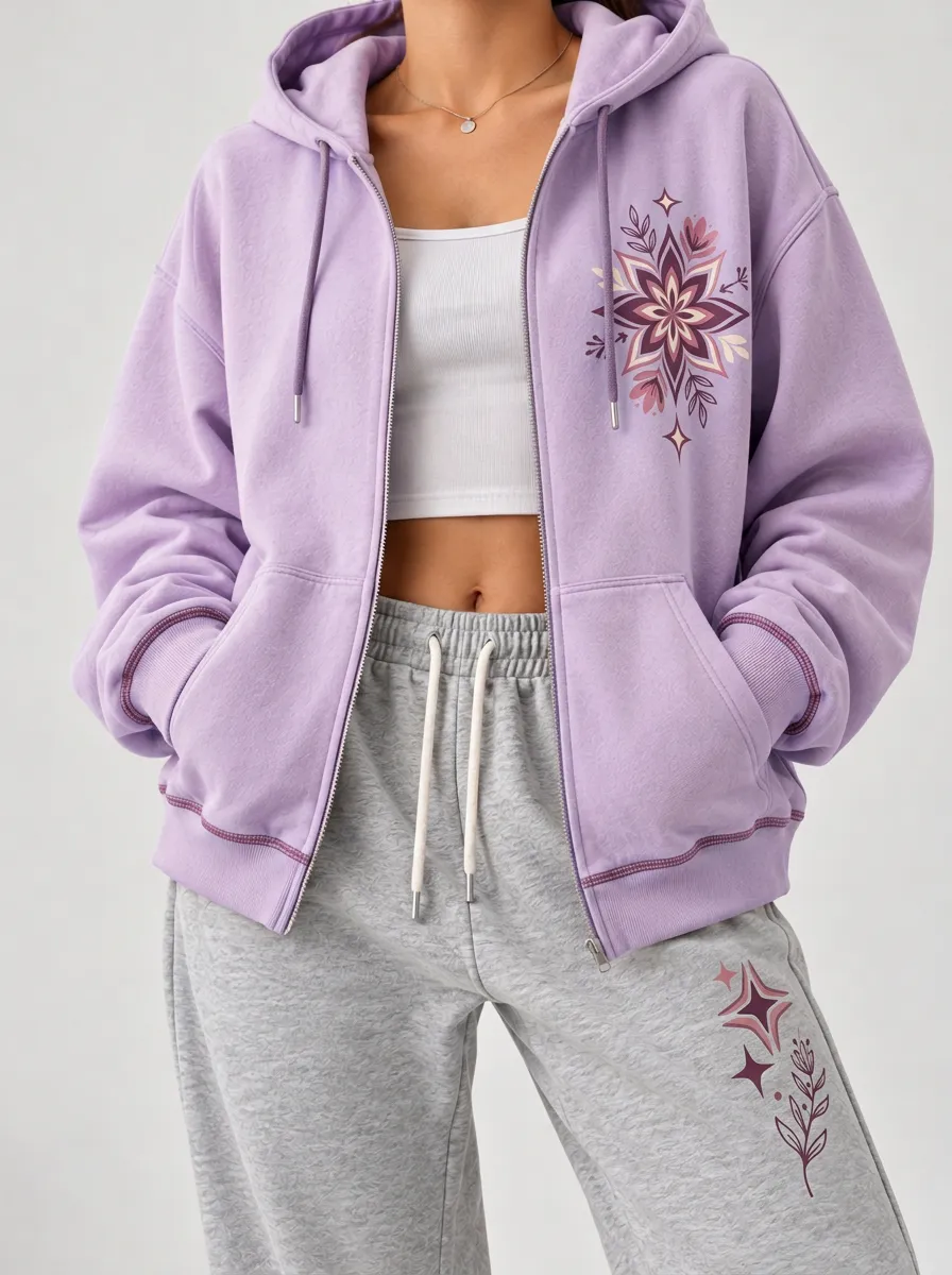Women's Understated Stars and Mandala Printed Zip Up Hoodie