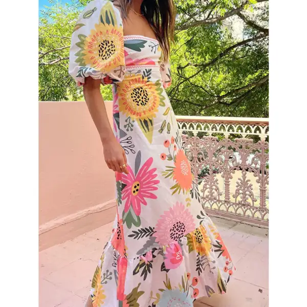 Floral Square Neck Puff Sleeve Maxi Dress with Ruffle Hem