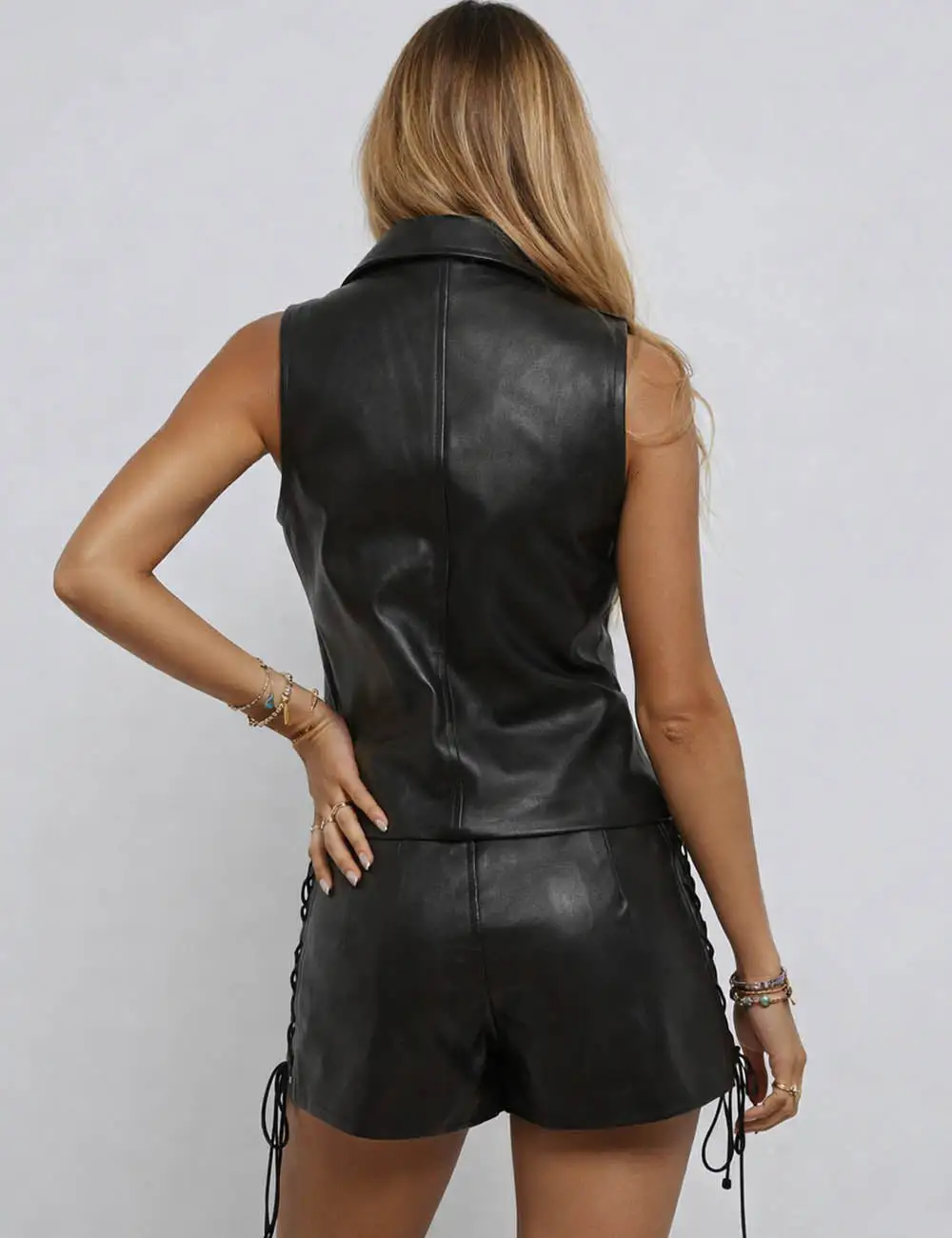 Street Chic Zip Up Faux Pu V Neck Sleeveless Vest