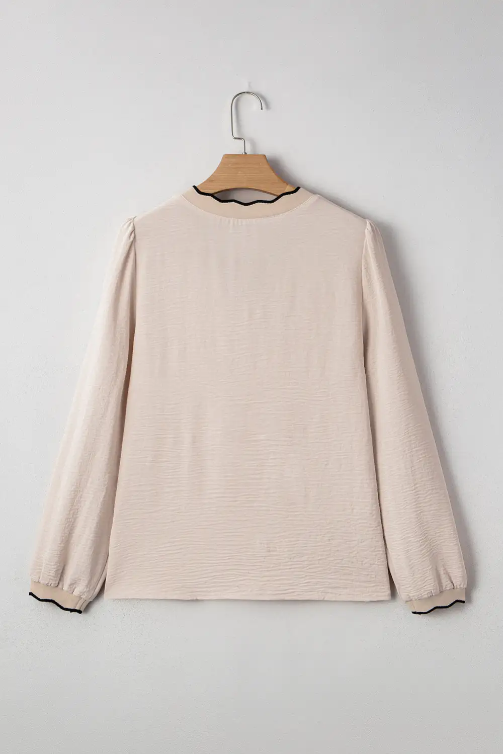 Contrast Scallop Trim V Neck Long Sleeve Blouse