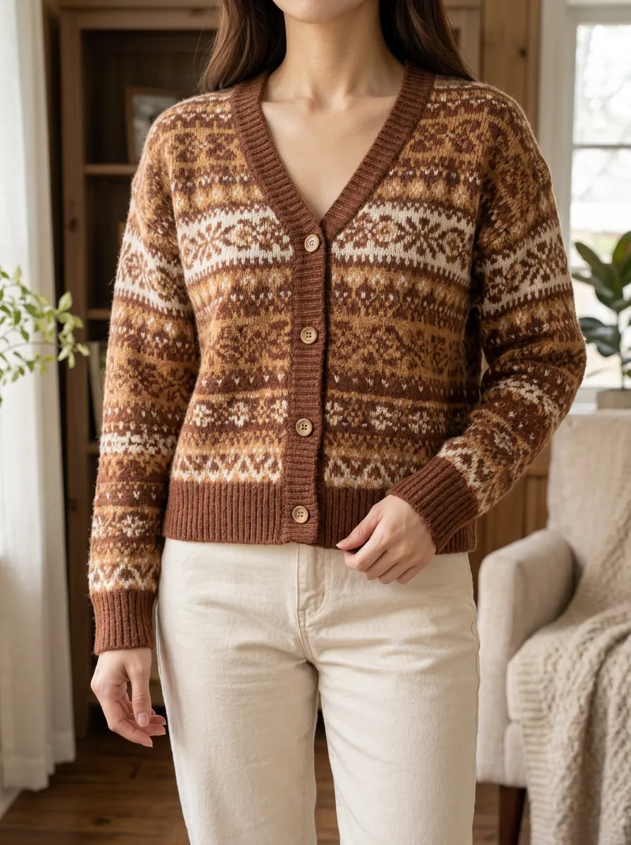 Women's Winter Boho Fair Isle Pattern Printed Long Sleeve Weekend Layering Cardigan