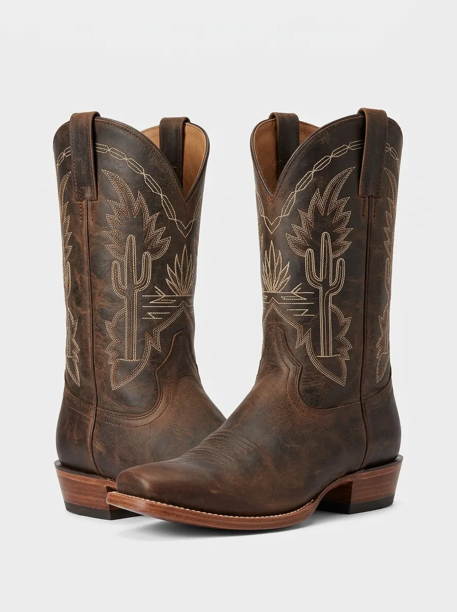 Rodeo-Inspired Cactus Embroidered Leather-Look Collection Unisex Western Cowboy Boots