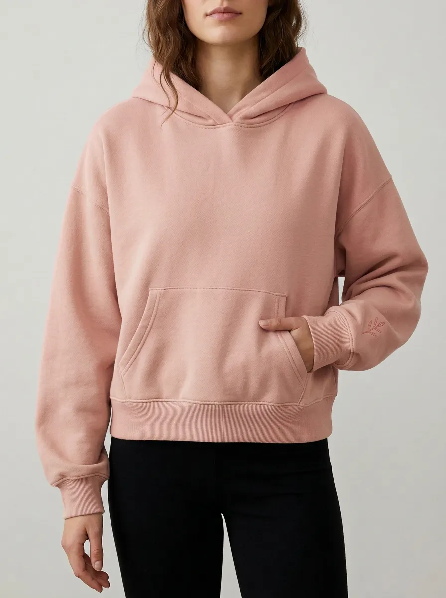 Women's Minimalist Sage Green Leaf Embroidered Printed Hoodie