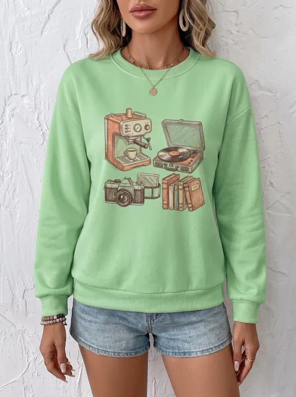 Women's Retro Hobby Lover Coffee Camera Record Books Printed Sweatshirt