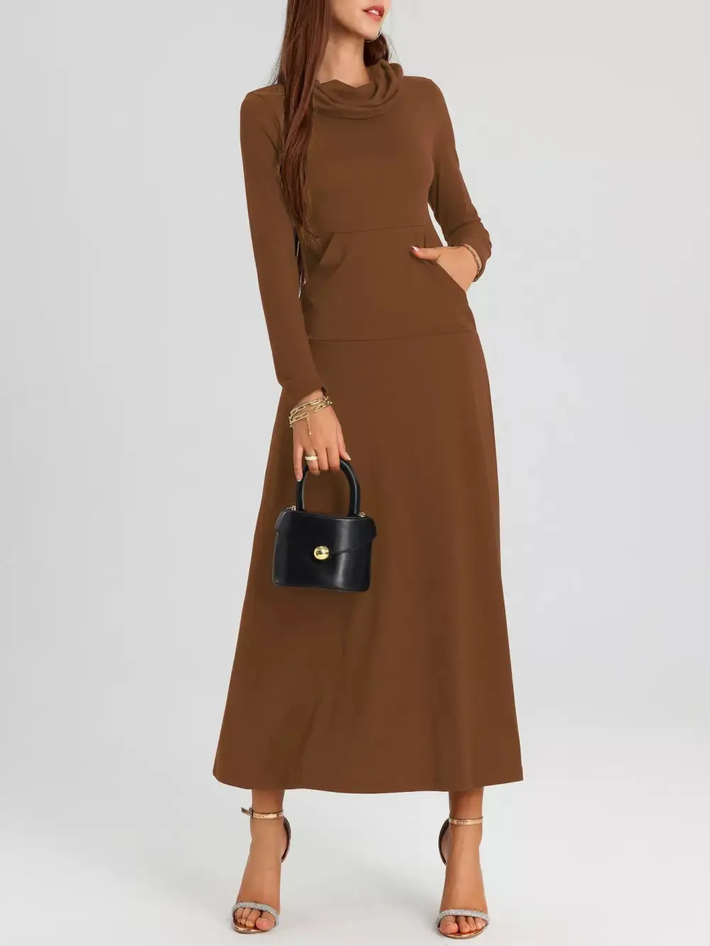 Cowl Neck Long Sleeve Midi Dress